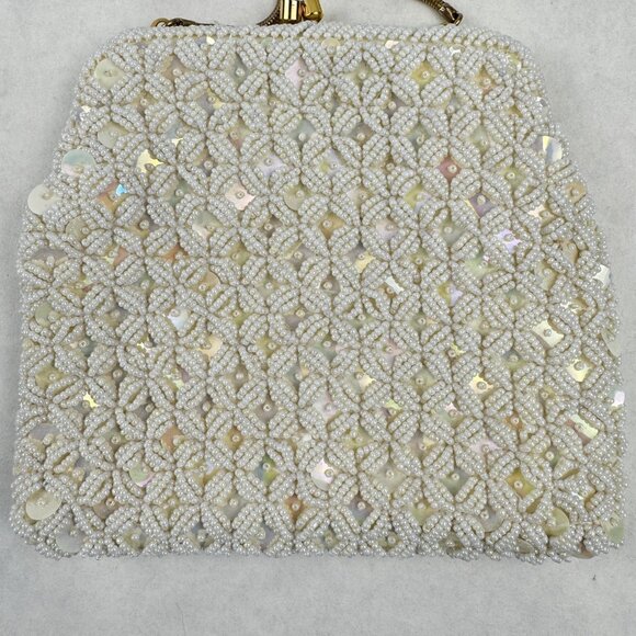 Vintage Womens White Beaded Geometric Floral Evening Bag Small Clutch Purse HK - Picture 4 of 12